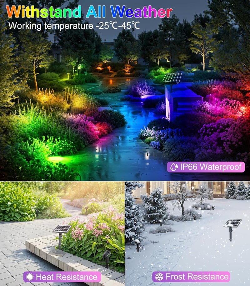 meikee مصابيح حديقة MEIKEE 6 في 1 بتقنية الطاقة الشمسية وتدعم ألوان RGB، مصابيح إضاءة للمناظر الطبيعية ومصابيح نقطية قابلة للتعديل، مقاومة للماء (معيار IP66)، مناسبة للاستخدام في الأماكن الخارجية، مثل الحدائق والأرصفة وممرات المنازل. - Image 5