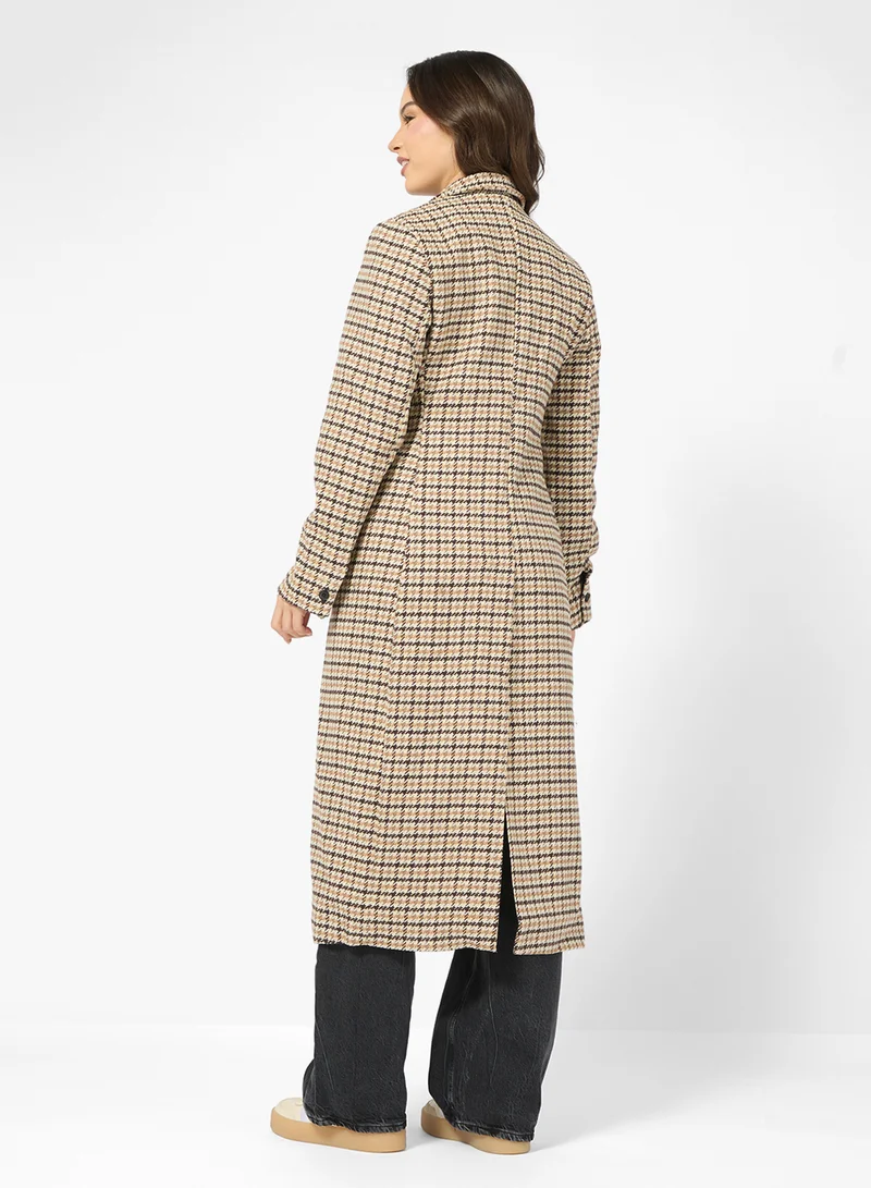 Ginger Woolen Longline Checkered Trench Coat