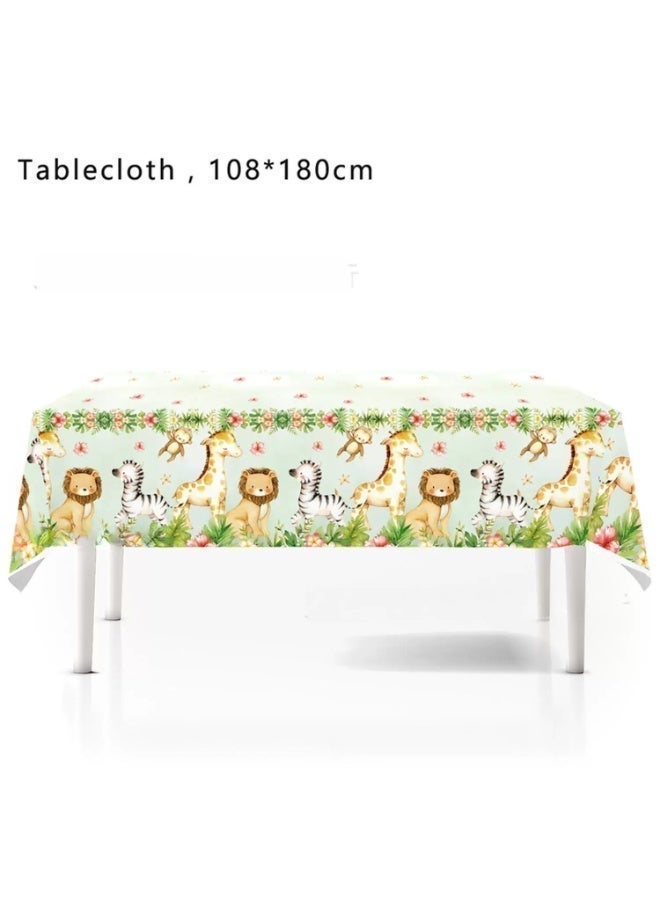 green table cover with a jungle animal design for decorating birthday parties and special celebrations.