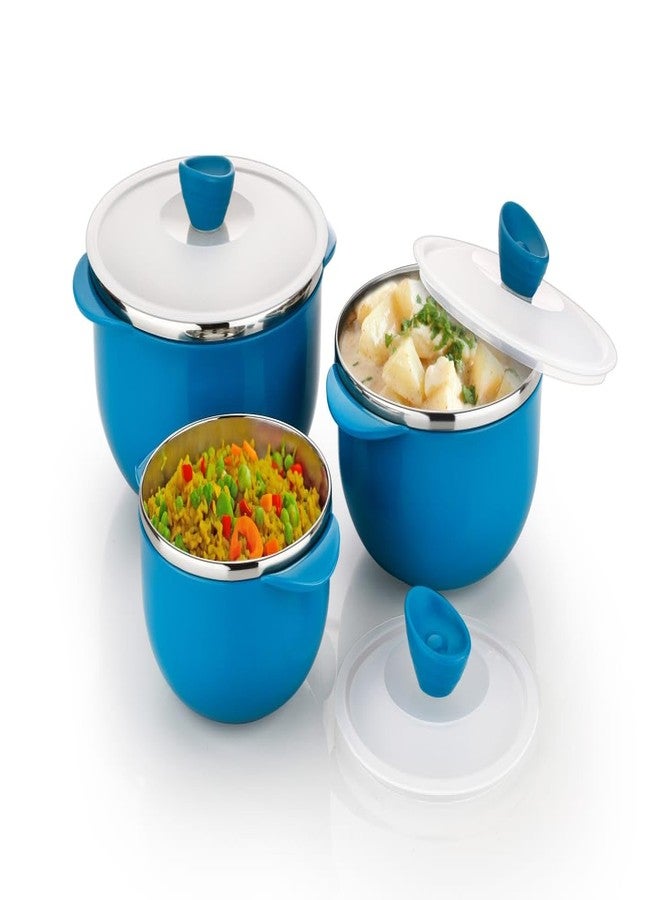 Clazkit وعاء تقديم خفيف الوزن من كلازكيت، وعاء سلطة بغطاء بلاستيكي، وعاء خلط من الفولاذ المقاوم للصدأ للسلطات والوجبات الخفيفة والشوربات والحلويات، طقم من 3 قطع - أزرق، 2400 مل - Image 1