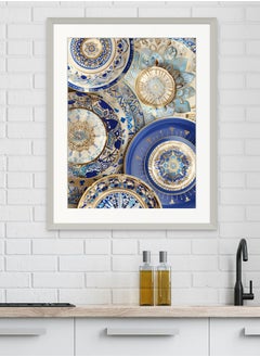 Art Decor Art Decor Ornate Hand-Painted Plates Kitchen Wall Art Blue and Gold Patterns with Matboard Framed Fine Art Wall Décor for Living Room Kitchens Cultural Spaces Gifting  - Image 1