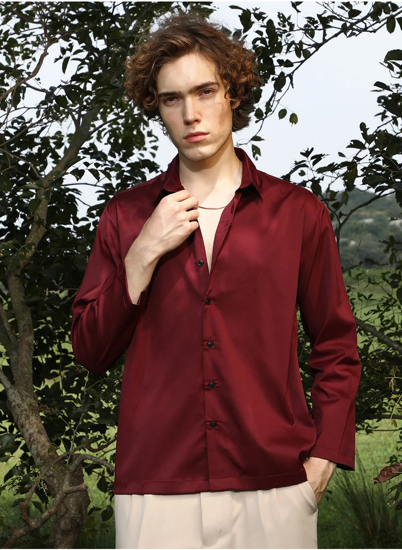 Campus Sutra Men's Wine Red Satin Oversized Shirt