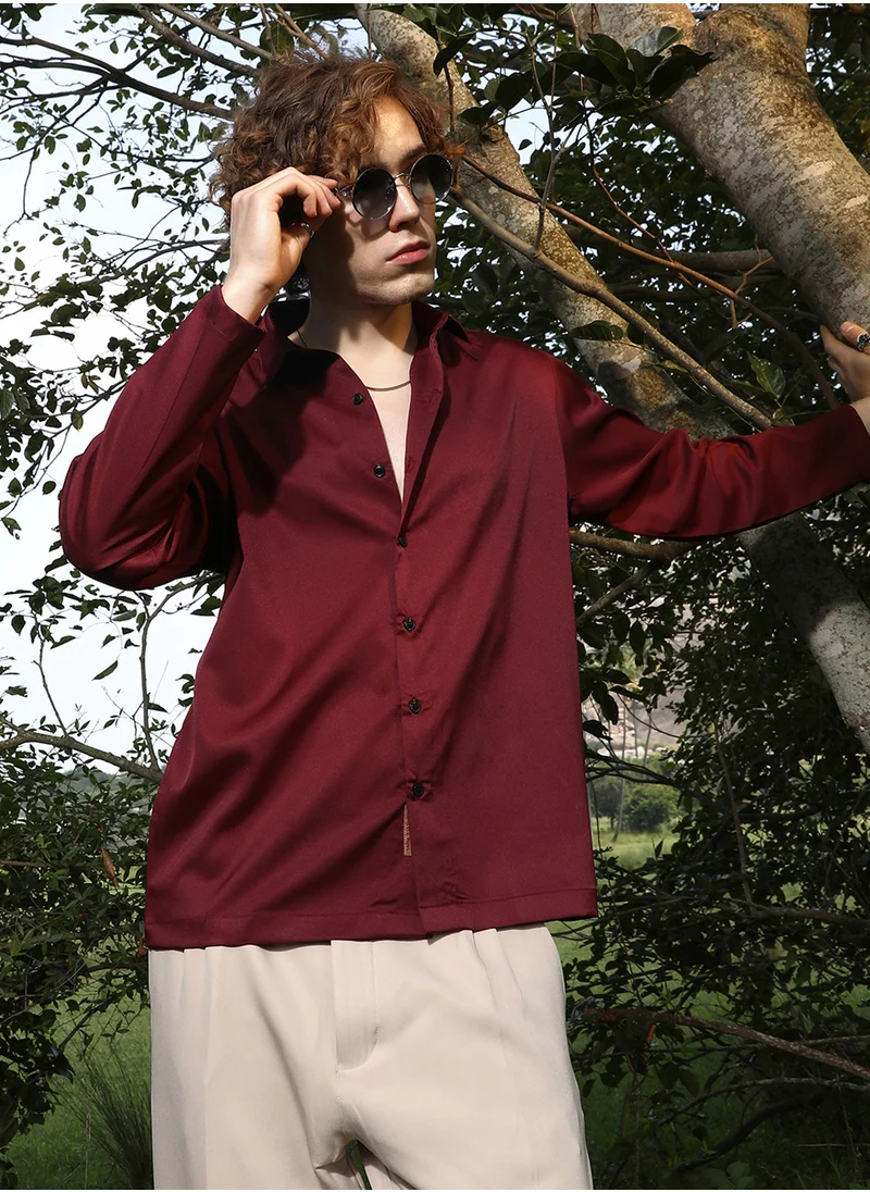 Campus Sutra Men's Wine Red Satin Oversized Shirt