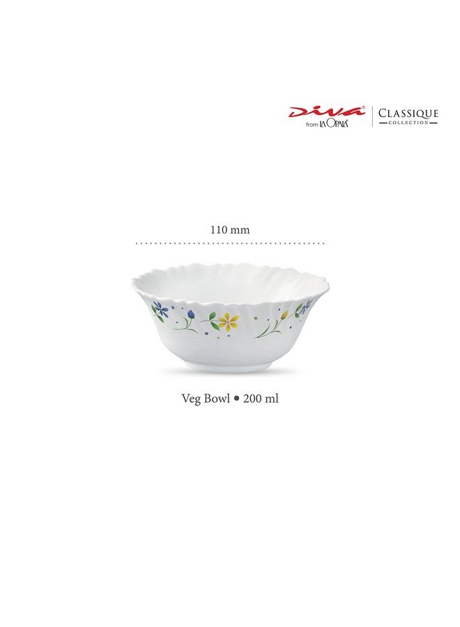 La Opala Diva Classique Collection Opal Glass Crockery | Vegetable Bowl Set of 6 | Twilight Bouquet Design | for dal & Condiments | Microwave Safe | 100% Vegetarian | Extra Strong | Light & White - Image 2