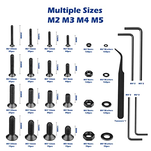 JROUTH 1500pcs Screws Assortment , M2 M3 M4 M5 10.9 Grade Alloy Steel Hex Flat Head Cap Bolts Nuts Washers Assortment Kit with Hex Wrenches, A Black Hex Flat Head Cap Bolts, (M2-M5-1500) - Image 2