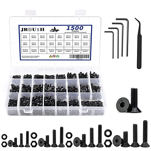 JROUTH 1500pcs Screws Assortment , M2 M3 M4 M5 10.9 Grade Alloy Steel Hex Flat Head Cap Bolts Nuts Washers Assortment Kit with Hex Wrenches, A Black Hex Flat Head Cap Bolts, (M2-M5-1500) - Image 1