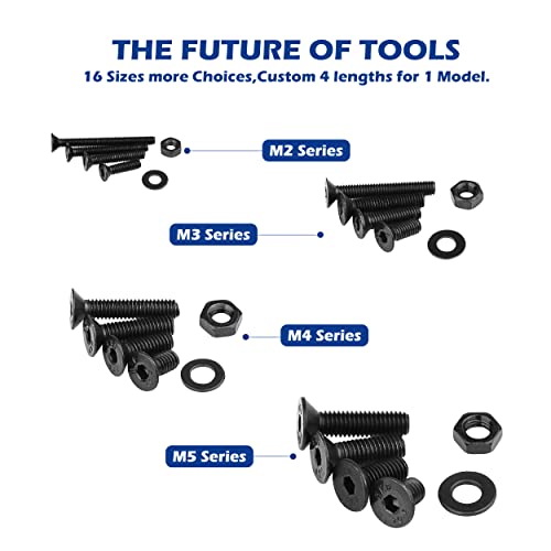 JROUTH 1500pcs Screws Assortment , M2 M3 M4 M5 10.9 Grade Alloy Steel Hex Flat Head Cap Bolts Nuts Washers Assortment Kit with Hex Wrenches, A Black Hex Flat Head Cap Bolts, (M2-M5-1500) - Image 3