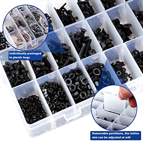 JROUTH 1500pcs Screws Assortment , M2 M3 M4 M5 10.9 Grade Alloy Steel Hex Flat Head Cap Bolts Nuts Washers Assortment Kit with Hex Wrenches, A Black Hex Flat Head Cap Bolts, (M2-M5-1500) - Image 5