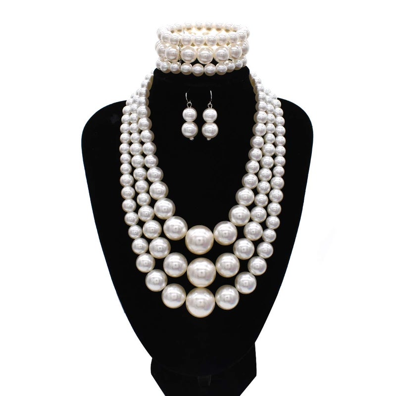 CIOOU Big Pearl Necklace for Women Chunky Pearl Necklace and Earring Set Large Pearl Costume Necklace 1920s Pearl Necklace Faux Pearls Gatsby Accessories (A-White) - Image 2