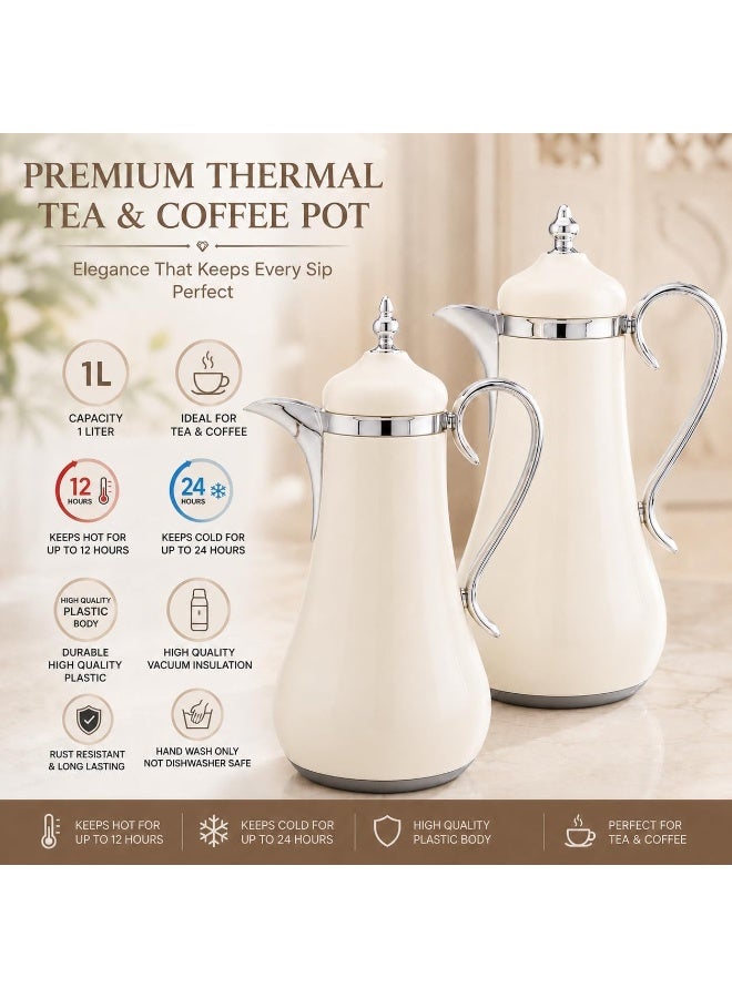 REFAN Premium Tea and Coffee Vacuum Flask Set of 2, 1 Liter Vacuum Flask, 12 Hours Heat Preservation and 24 Hours Cold, High Quality Thermal Bottle and Elegant Design for Hospitality (White) - Image 2