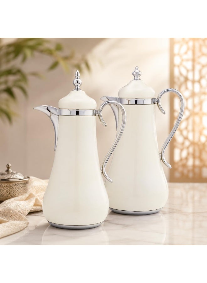 REFAN Premium Tea and Coffee Vacuum Flask Set of 2, 1 Liter Vacuum Flask, 12 Hours Heat Preservation and 24 Hours Cold, High Quality Thermal Bottle and Elegant Design for Hospitality (White) - Image 1