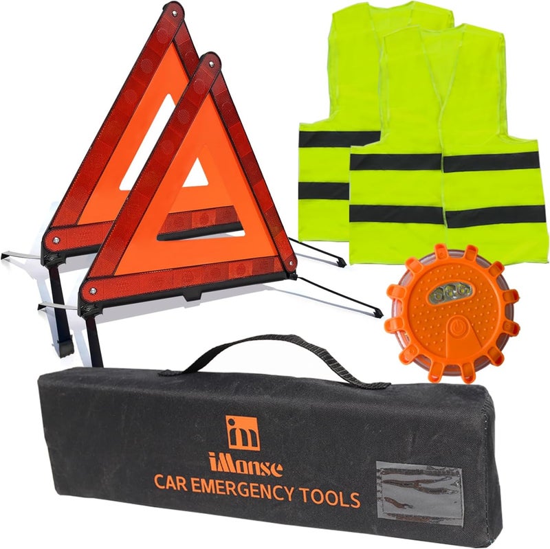 iMonse Warning Safety Triangle Kit, Emergency Roadside Warning Reflective Triangle 2 Packs with 1 LED Road Flare Light, Foldable with Storage Case for Roadside Breakdowns Emergencies - Image 1
