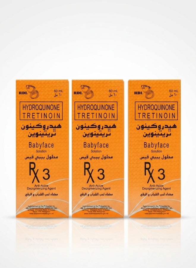 Babyface Hydroquinone Tretinoin Solution No 3 Anti Acne Depigmenting Skin Care 60 ml 3 pcs Whitening Dark Spot Removal Oil Control Smooth Skin