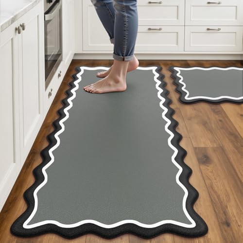 Arenarug Scalloped Black Gray Kitchen Mats Rugs Sets of 2 Cushioned Anti Fatigue Floor Mat Waterproof Kitchen Rugs Non Slip Foam Comfort Standing Mat for Sink Laundry - Image 1