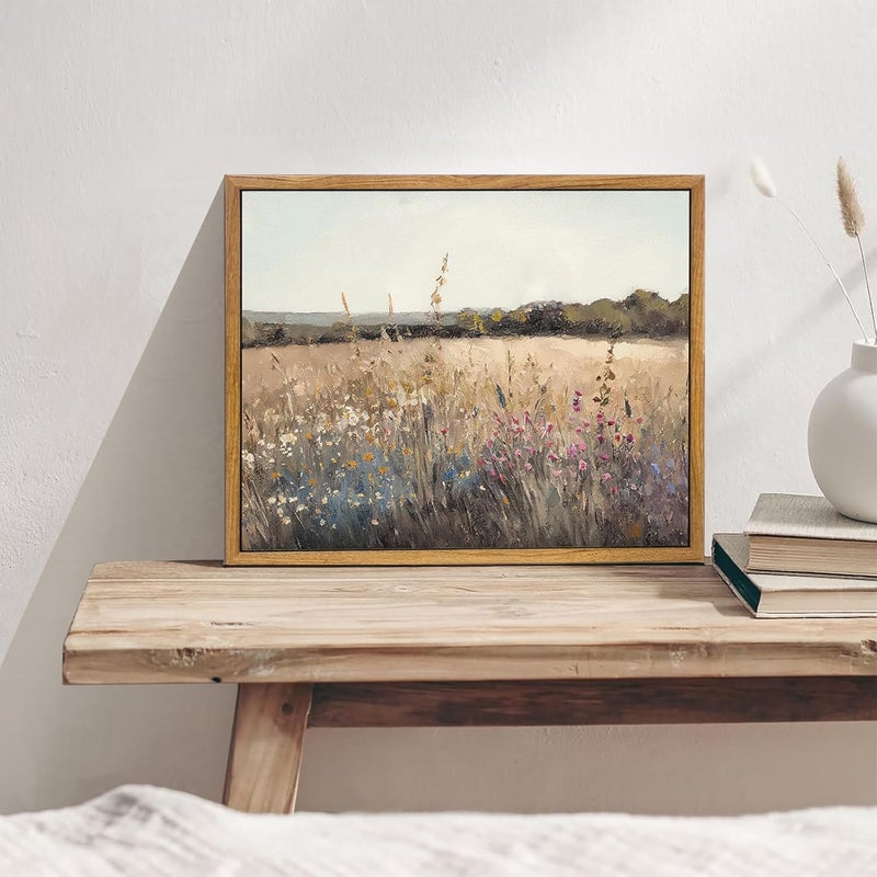 KBKBART Framed Vintage Wall Art Prints, Retro European Country Autumn Wildflower Field Landscape Canvas Painting Farmhouse Decor - Image 4