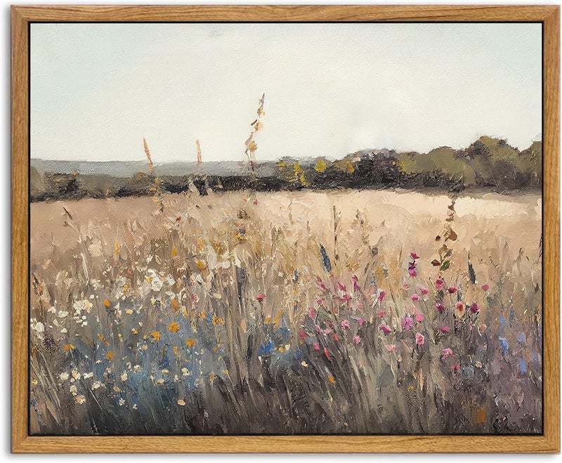 KBKBART Framed Vintage Wall Art Prints, Retro European Country Autumn Wildflower Field Landscape Canvas Painting Farmhouse Decor - Image 1