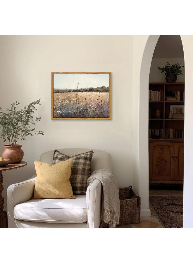 KBKBART Framed Vintage Wall Art Prints, Retro European Country Autumn Wildflower Field Landscape Canvas Painting Farmhouse Decor - Image 5