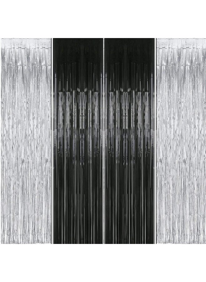 Propsicle - Propsicle 3ftx6ft Silver & Black Metallic Shimmer Backdrop Tinsel Fringe Foil Curtains Anniversary, Birthday, Bachelorette, Groom to Be Decoration - Pack of 4 | Sheer - Image 1