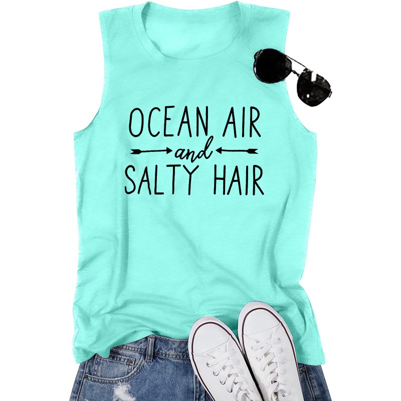 BANGELY Beach Tanks Women Beach Shirts Ocean Air and Salty Hair Tank Funny Cruise Summer Sleeveless Family Vacation Vest Top - Image 1