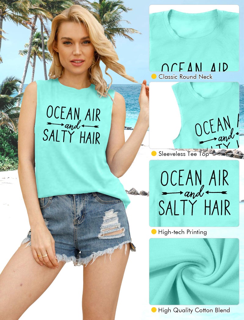 BANGELY Beach Tanks Women Beach Shirts Ocean Air and Salty Hair Tank Funny Cruise Summer Sleeveless Family Vacation Vest Top - Image 5