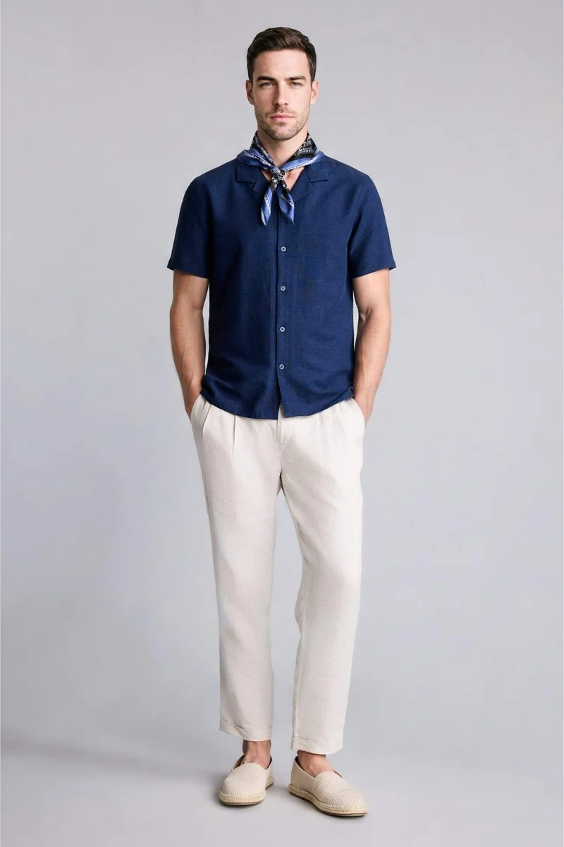 ديفاكتو Modern Fit Polo Collar Linen Blend Shirt