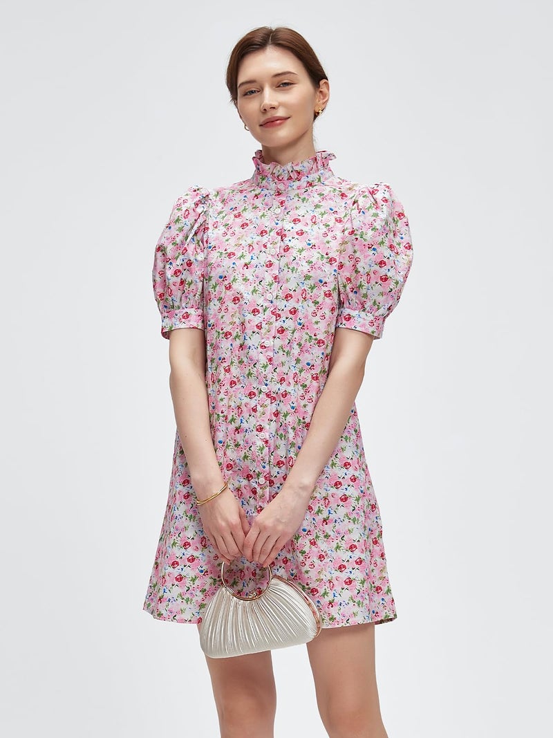 LifeShe Women's Summer Button Down Shirt Dress Floral Puff Short Sleeve Casual Loose Fit Beach Mini Dresses Light Pink - Image 3