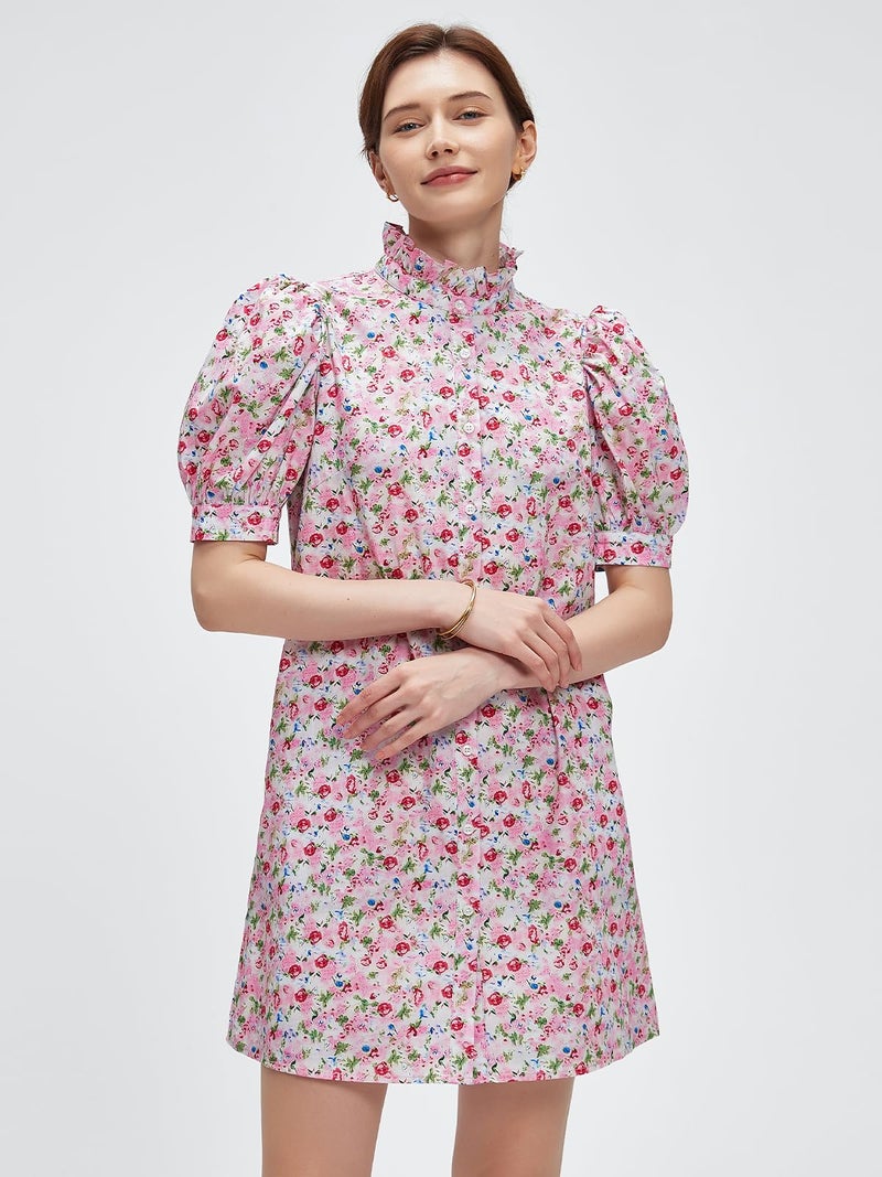 LifeShe Women's Summer Button Down Shirt Dress Floral Puff Short Sleeve Casual Loose Fit Beach Mini Dresses Light Pink - Image 4