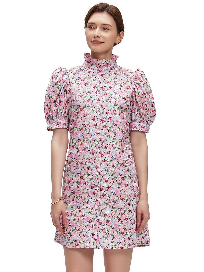 LifeShe Women's Summer Button Down Shirt Dress Floral Puff Short Sleeve Casual Loose Fit Beach Mini Dresses Light Pink - Image 1