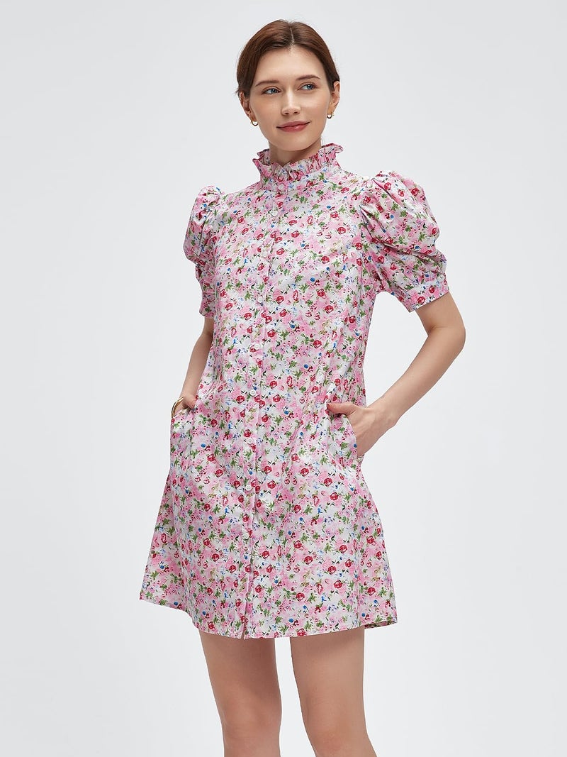 LifeShe Women's Summer Button Down Shirt Dress Floral Puff Short Sleeve Casual Loose Fit Beach Mini Dresses Light Pink - Image 5