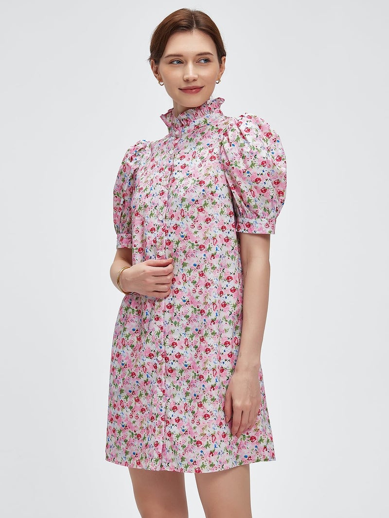 LifeShe Women's Summer Button Down Shirt Dress Floral Puff Short Sleeve Casual Loose Fit Beach Mini Dresses Light Pink - Image 2