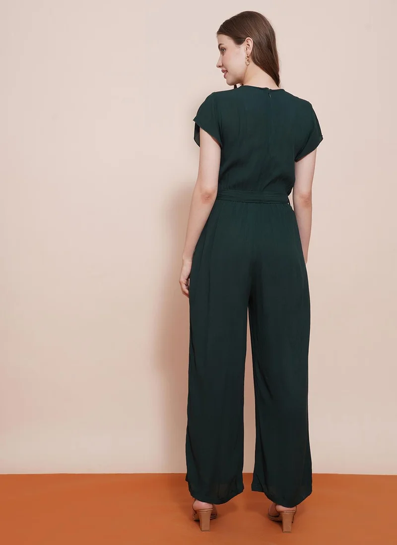 Globus green Globus Women's Green Wrap V-Neck Casual Jumpsuit with Waist Tie for Women | Best Price UAE