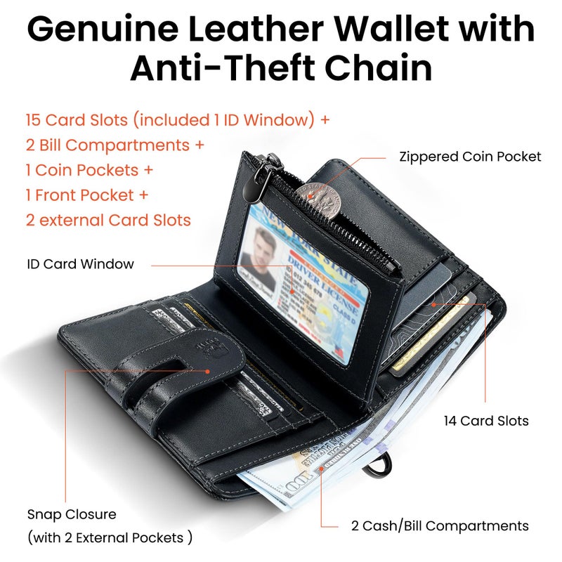 furid Genuine Leather Chain Wallets for Men: RFID Blocking Mens Wallet with Chain Purse Bifold Zipper Coin Pocket with Anti-Theft Chain, Gift for Father Husband At Birthday - Image 2