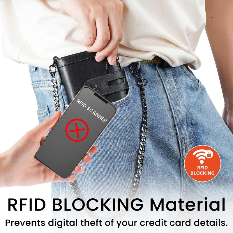 furid Genuine Leather Chain Wallets for Men: RFID Blocking Mens Wallet with Chain Purse Bifold Zipper Coin Pocket with Anti-Theft Chain, Gift for Father Husband At Birthday - Image 3