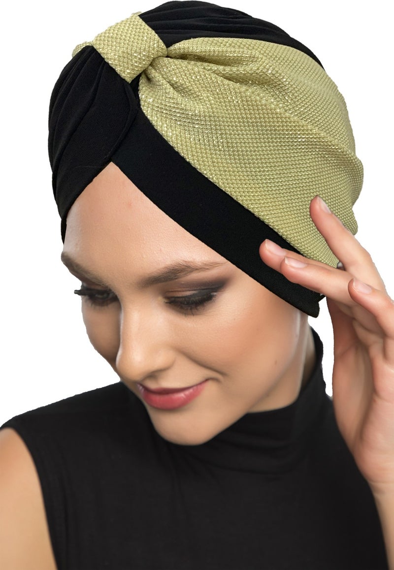 Fidan Bone Special Design Black Gold Pique Patterned Lined Ready Turban Hijab Evening Dress Bonnet - Image 2