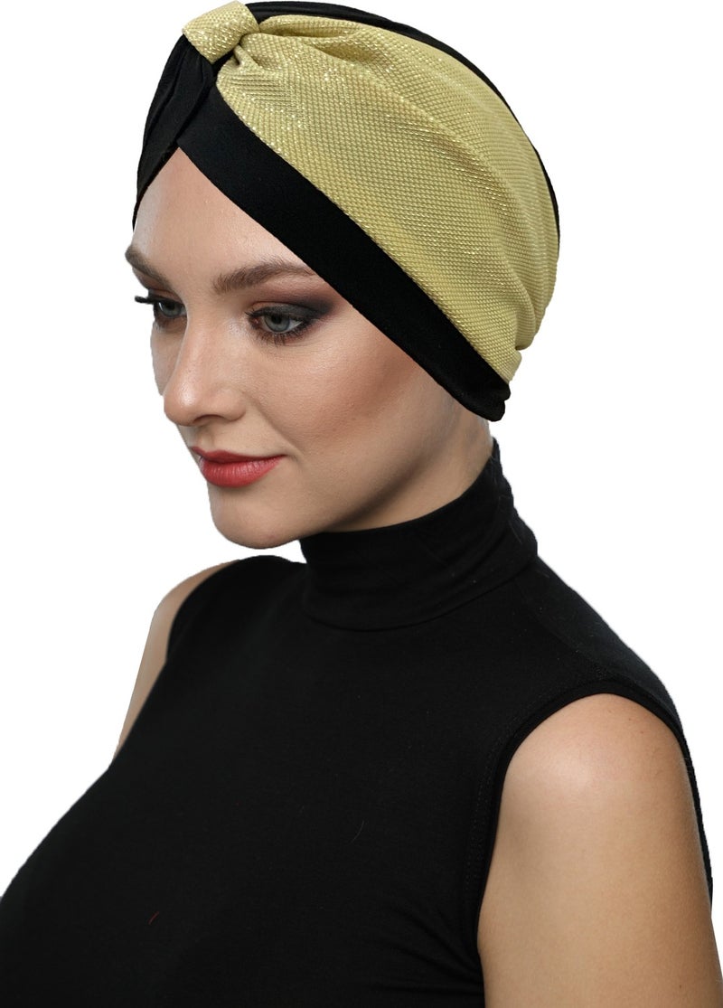 Fidan Bone Special Design Black Gold Pique Patterned Lined Ready Turban Hijab Evening Dress Bonnet - Image 3