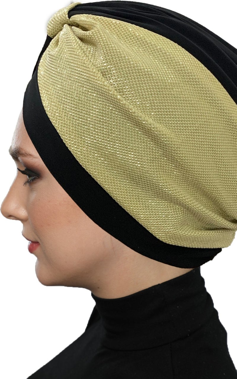 Fidan Bone Special Design Black Gold Pique Patterned Lined Ready Turban Hijab Evening Dress Bonnet - Image 4