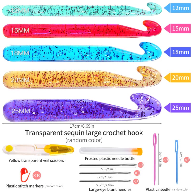 Qmnnma Large Crochet Hooks, 5 Large Crochet Set, 12mm-25mm Crochet Hooks, Huge Crochet Hooks, Colorful Transparent Crystal Large Crochet Hook for Crocheting Yarn, Chunky Yarn, DIY Crafts - Image 2