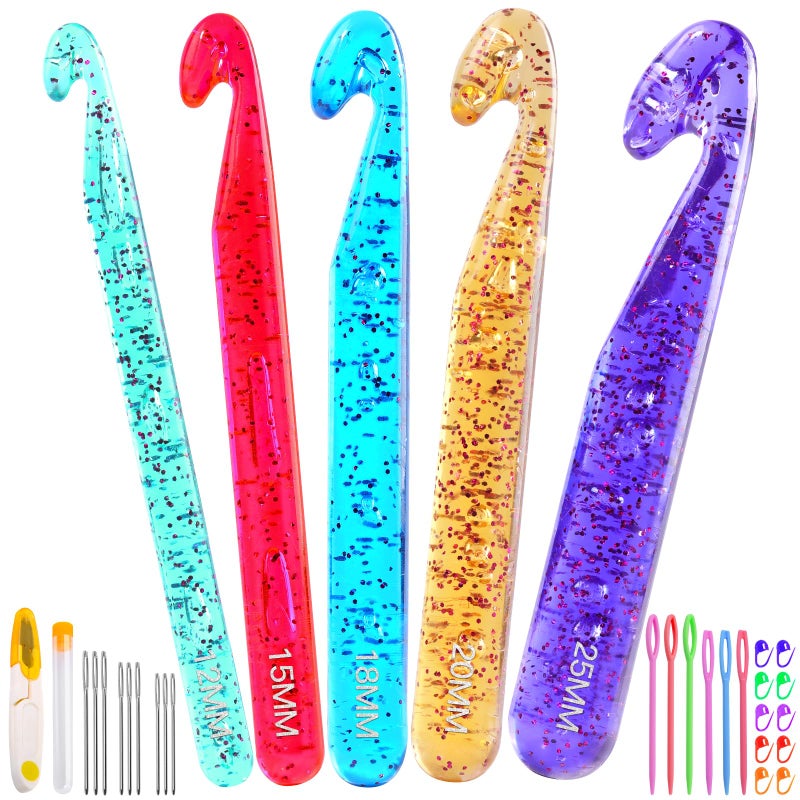 Qmnnma Large Crochet Hooks, 5 Large Crochet Set, 12mm-25mm Crochet Hooks, Huge Crochet Hooks, Colorful Transparent Crystal Large Crochet Hook for Crocheting Yarn, Chunky Yarn, DIY Crafts - Image 1