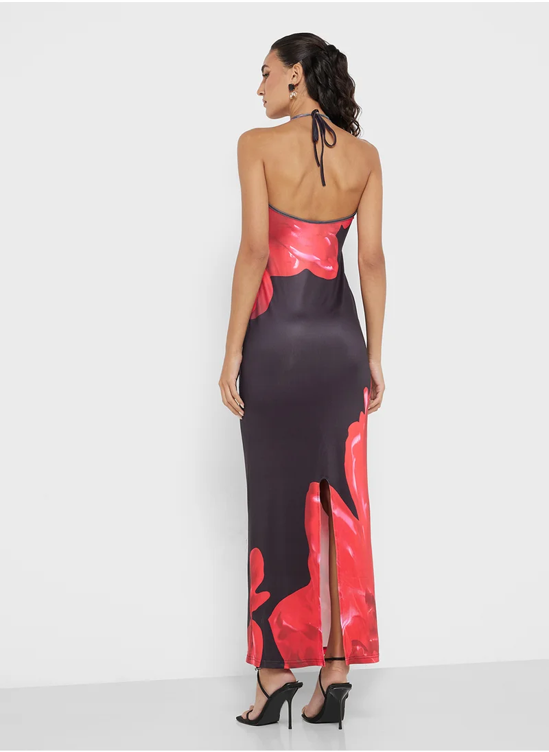 جينجر Halter Neck Floral Print Maxi Bodycon Dress