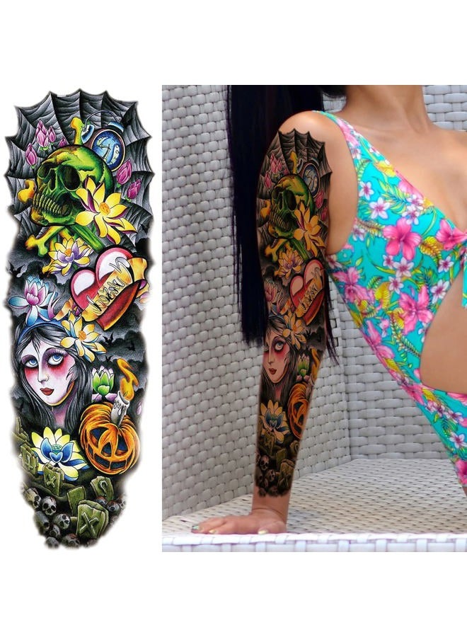 Briyhose Colorful Realistic Temporary Tattoo Sleeves For Kid, Full Arm Large Skull Fish Watercolor Fake Sleeve Tattoos Kid Women, Halloween Pumpkin Temp Tatoo Sticker Boy Girl Party Body Art Makeup, 6-Sheet - Image 4