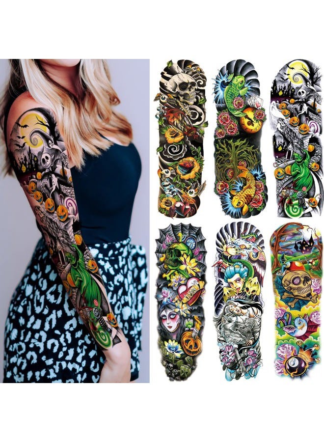 Briyhose Colorful Realistic Temporary Tattoo Sleeves For Kid, Full Arm Large Skull Fish Watercolor Fake Sleeve Tattoos Kid Women, Halloween Pumpkin Temp Tatoo Sticker Boy Girl Party Body Art Makeup, 6-Sheet - Image 1