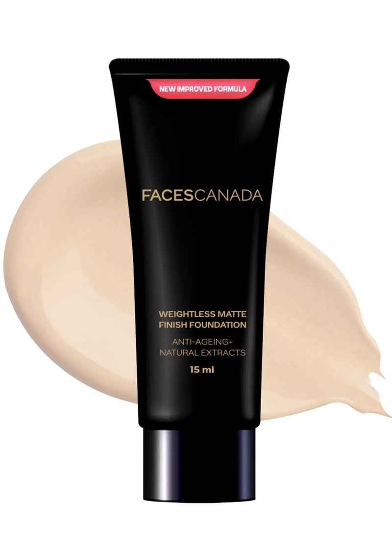 Faces Canada - FACESCANADA Weightless Matte Finish Foundation  Ivory 15ml   Lightweight   Natural Finish  Anti Ageing  Non Clog Enriched With Olive Seed Oil  Grape Extract  Shea Butter - Image 1