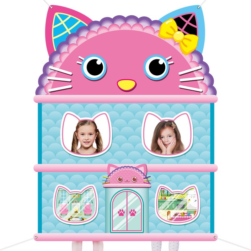 MinFyberd 5x4Ft Cartoon Cat House Themed Backdrop Cartoon Doll Theme Birthday Party Decorations Cute Cat Photo Booth Banner Props Kitten Party Background for Kids Birthday Baby Shower Supplies Photo Props - Image 1
