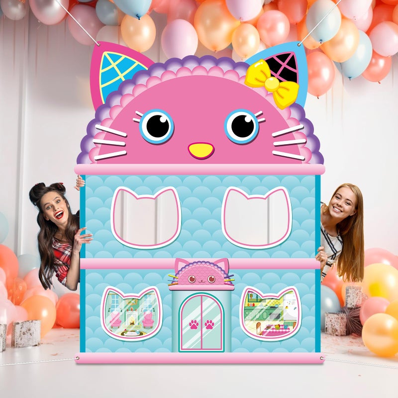 MinFyberd 5x4Ft Cartoon Cat House Themed Backdrop Cartoon Doll Theme Birthday Party Decorations Cute Cat Photo Booth Banner Props Kitten Party Background for Kids Birthday Baby Shower Supplies Photo Props - Image 5