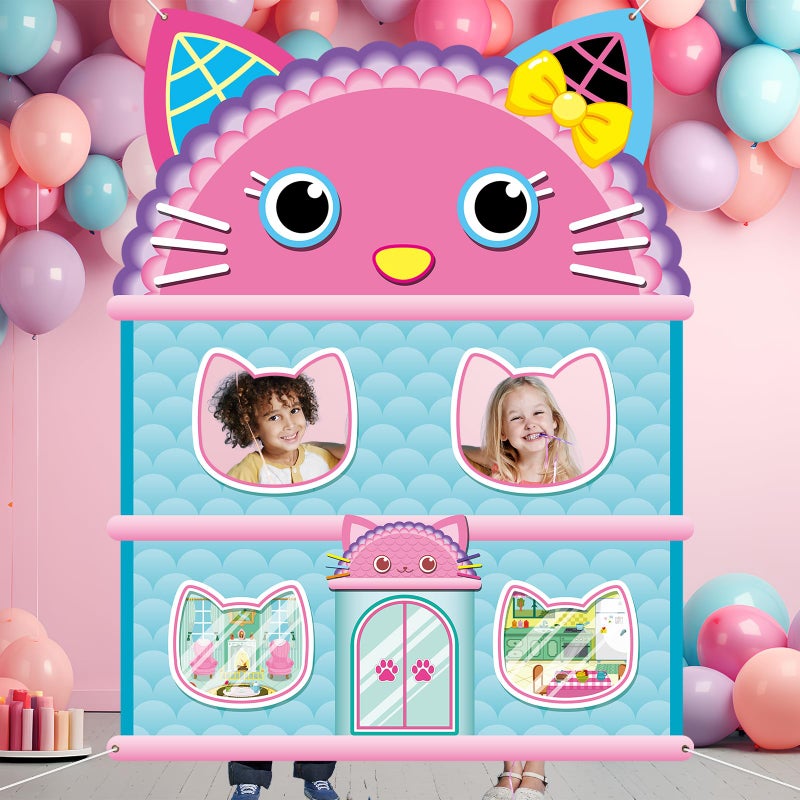 MinFyberd 5x4Ft Cartoon Cat House Themed Backdrop Cartoon Doll Theme Birthday Party Decorations Cute Cat Photo Booth Banner Props Kitten Party Background for Kids Birthday Baby Shower Supplies Photo Props - Image 4