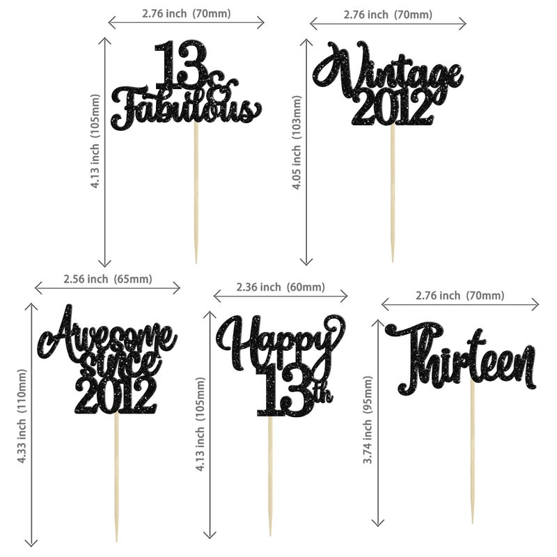 Ephlyn 30Pcs Happy 13th Birthday Cupcake Toppers Glitter Thirteen Vintage 2012 Cupcake Picks Cheers to 13 Fabulous Cake Decorations for 13th Birthday Wedding Anniversary Party Supplies Black - Image 2