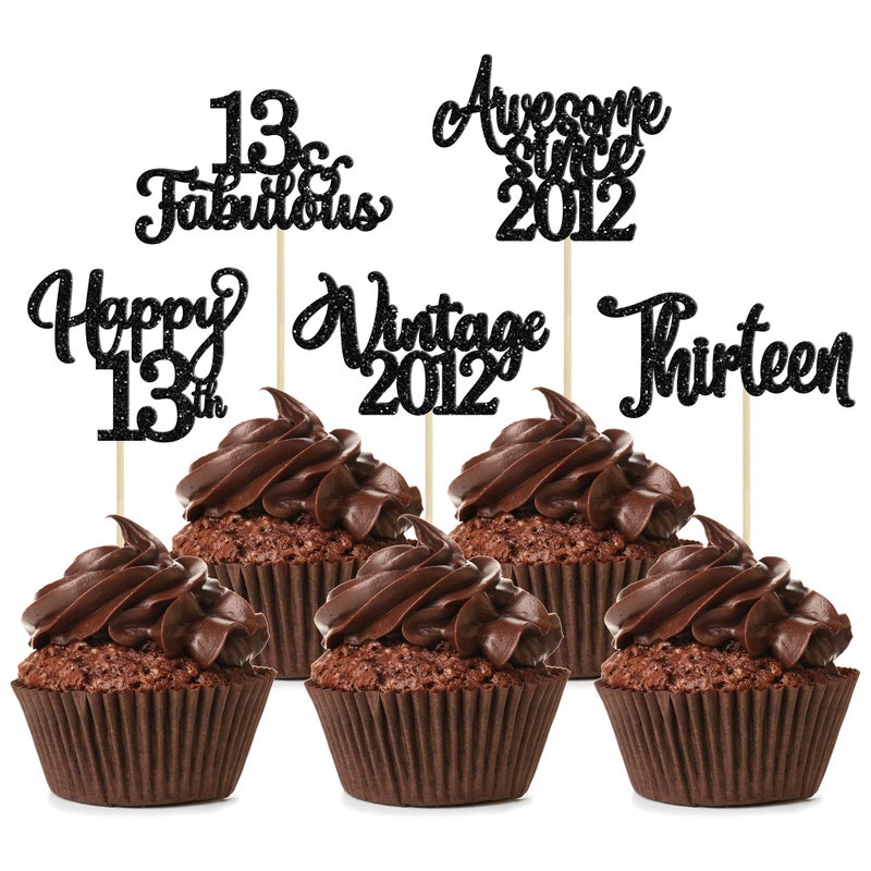 Ephlyn 30Pcs Happy 13th Birthday Cupcake Toppers Glitter Thirteen Vintage 2012 Cupcake Picks Cheers to 13 Fabulous Cake Decorations for 13th Birthday Wedding Anniversary Party Supplies Black - Image 1