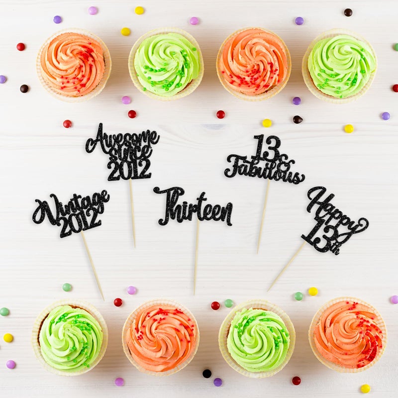 Ephlyn 30Pcs Happy 13th Birthday Cupcake Toppers Glitter Thirteen Vintage 2012 Cupcake Picks Cheers to 13 Fabulous Cake Decorations for 13th Birthday Wedding Anniversary Party Supplies Black - Image 3