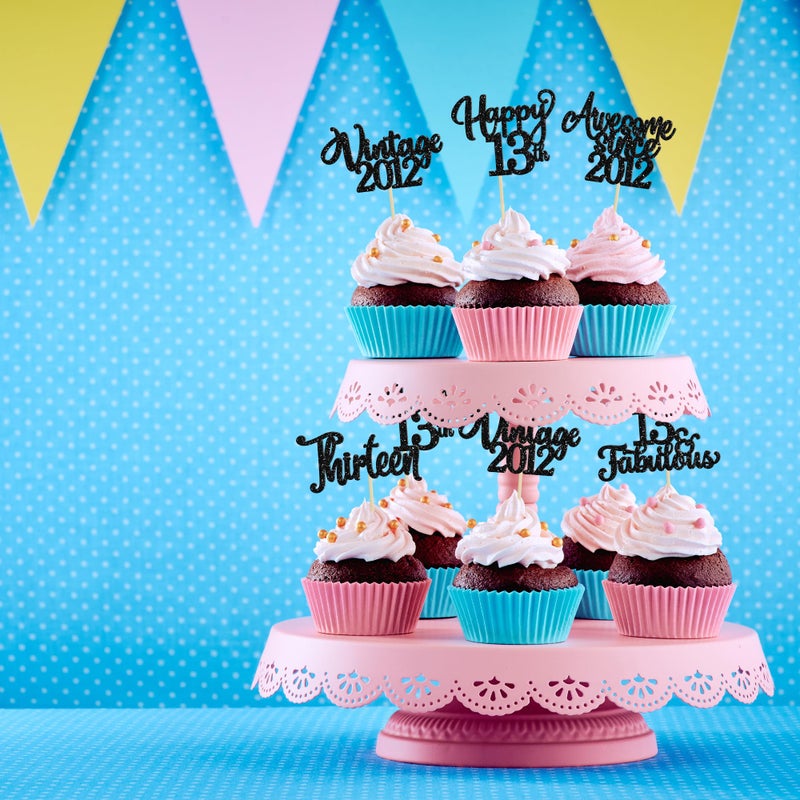 Ephlyn 30Pcs Happy 13th Birthday Cupcake Toppers Glitter Thirteen Vintage 2012 Cupcake Picks Cheers to 13 Fabulous Cake Decorations for 13th Birthday Wedding Anniversary Party Supplies Black - Image 4