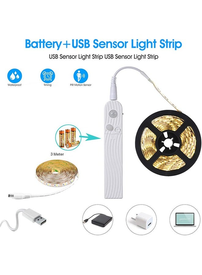 HY LED Under Cabinet Lighting Motion Sensor, 3M/10Ft Four Modes Bed Stairs Wardrobe Lamp Tape, Waterproof 5V USB LED Closet Night Strip Light for Indoor Home Bedroom Decor (Warm White, 3M x 1Pack) - Image 2